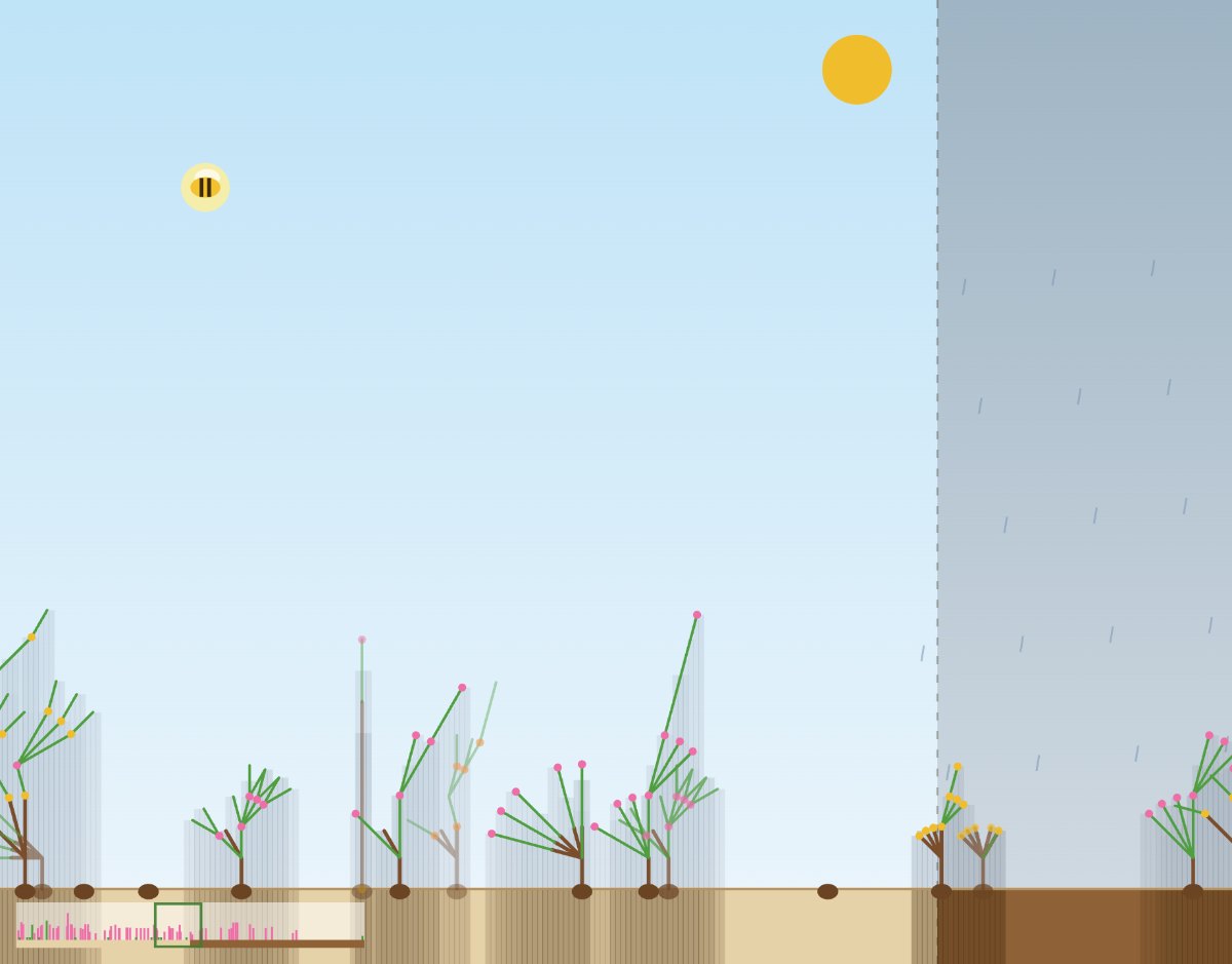 A garden after 750 ticks: a dry, sunny climate on the left, a rainy one on the right, woody shrubs with pink flowers, and a bee at work
