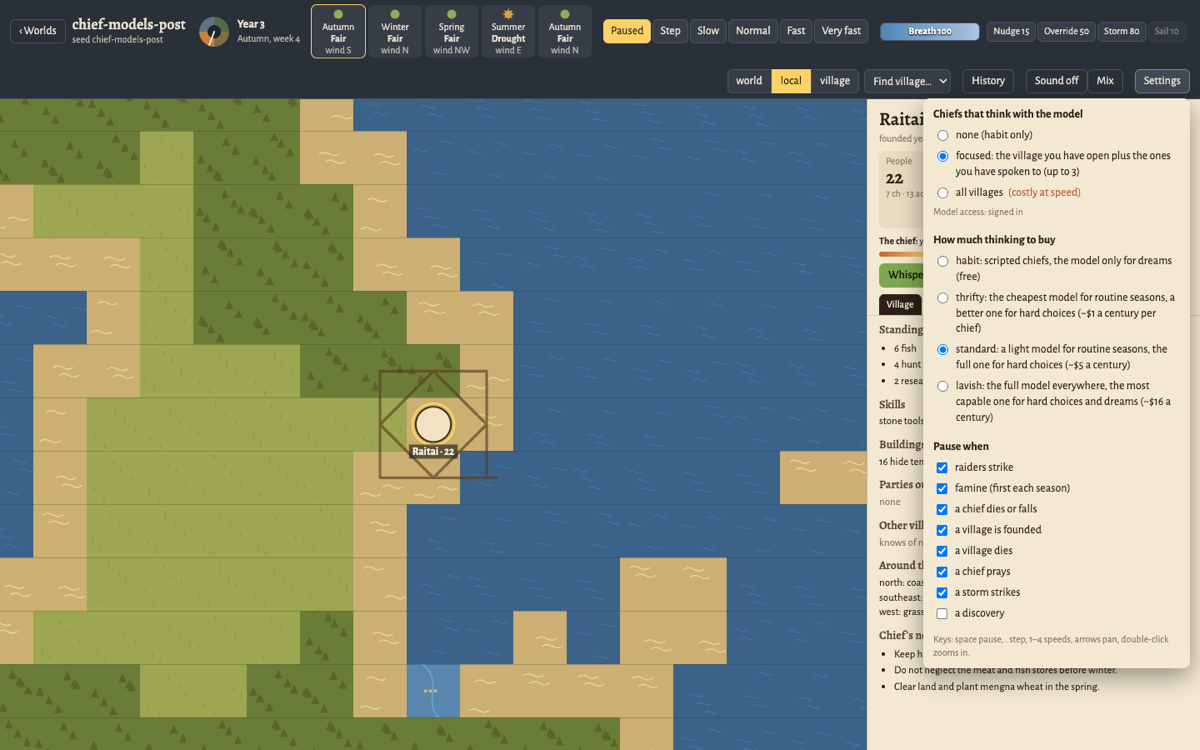 The game's settings popover over the map: which chiefs think with the model (none, focused, all villages), the four tiers habit, thrifty, standard and lavish with their approximate cost per century, and a list of events that pause the game.